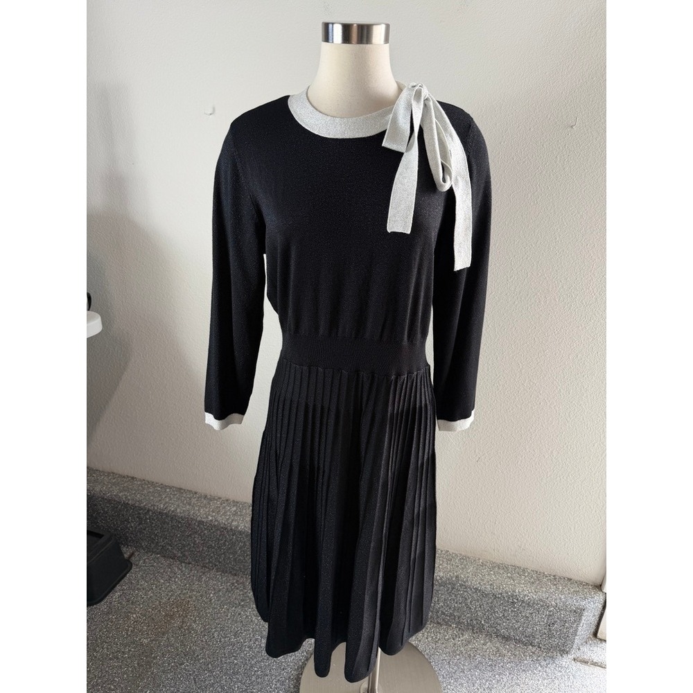 NEW Nanette Lepore Sweater Dress Womens XL Black Bow Neck Pleated Midi Metallic